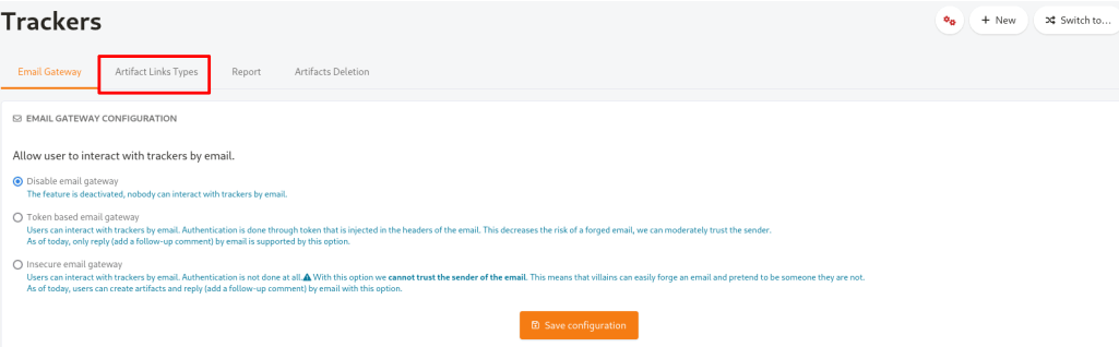 Screenshot of the Platform administration section for Trackers. The "Artifact Links Types" tab is highlighted.
