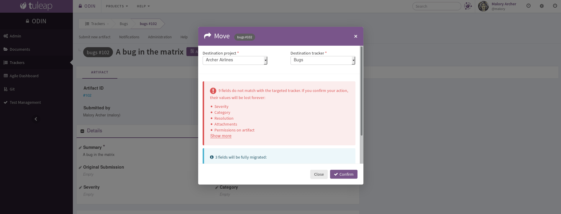 Screenshot of the "Move artifact" modal. It shows an example where an artifact from the "Archer Airlines" tracker will be moved to the "Bugs" tracker. There is a red warning explaining that 9 fields cannot be moved and 3 fields will be fully migrated.