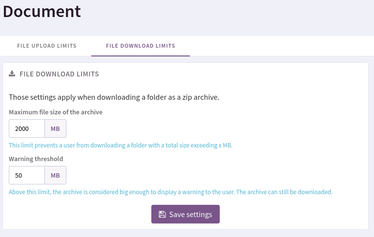 Screenshot of the "File download limits" tab in Site administration