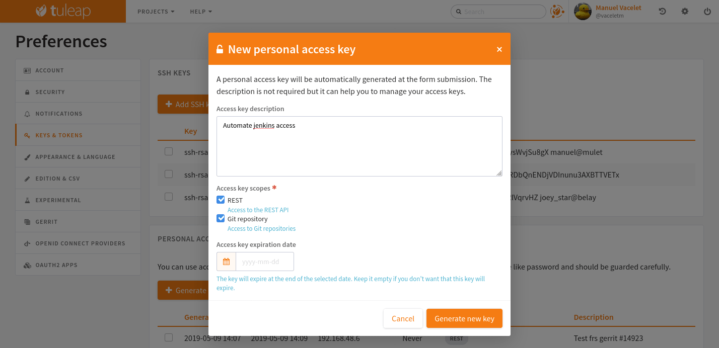 Create a new access key for build user