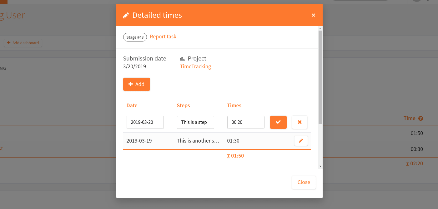 Timetracking personal user widget modal