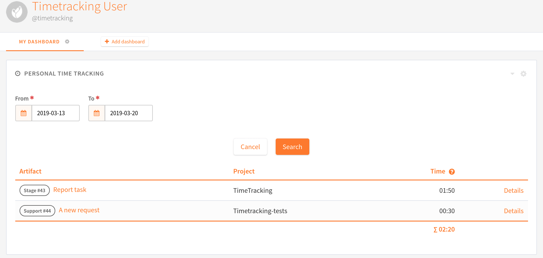 Timetracking user widget