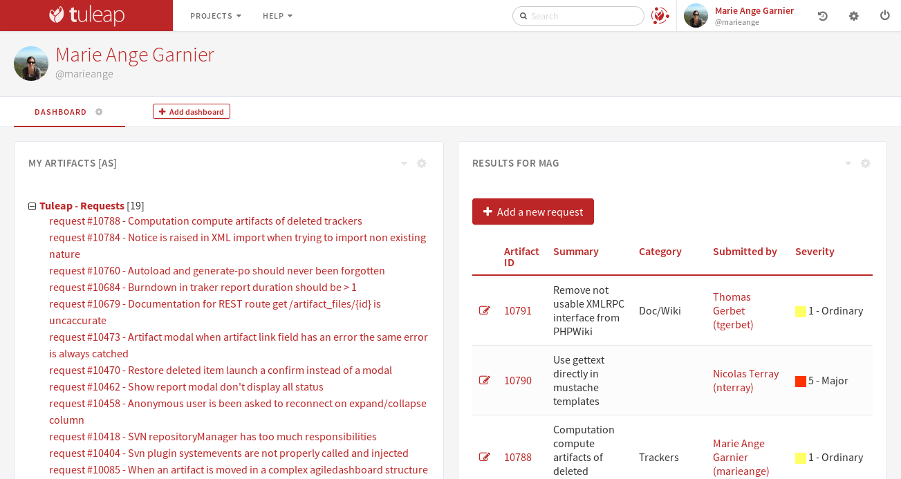 An example of user dashboard