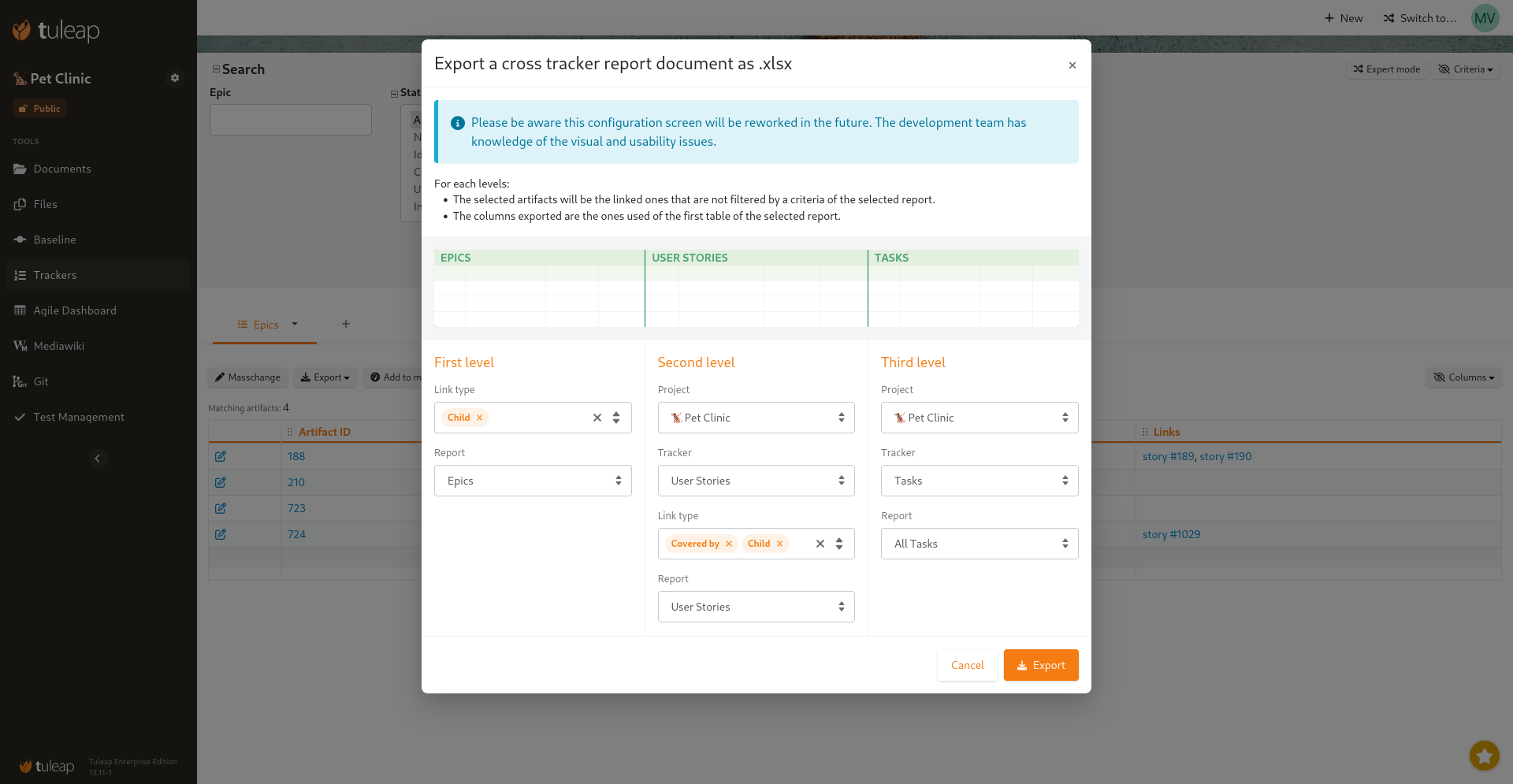 Configuration screen for cross tracker export